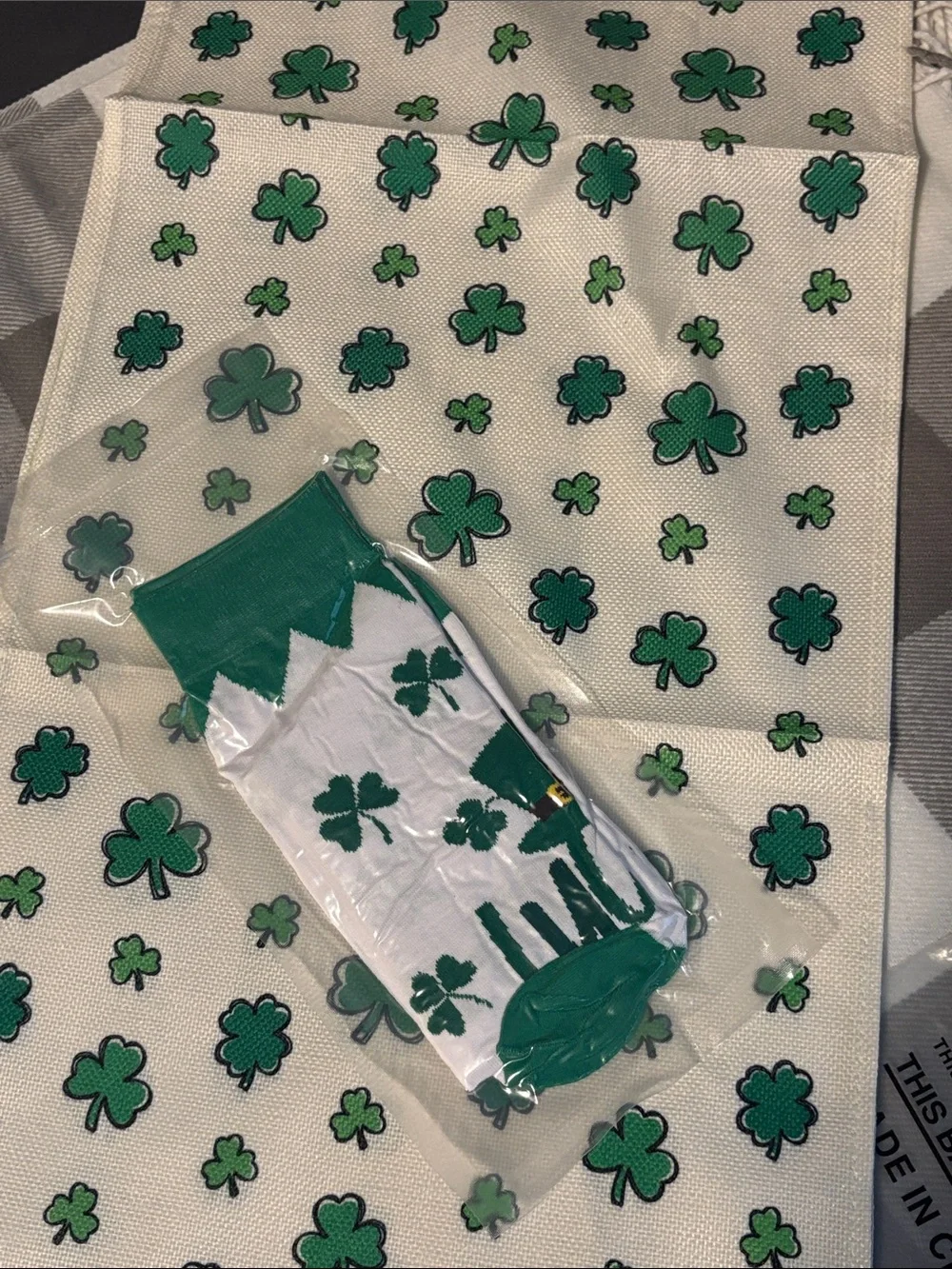 St. Patrick's Day Green Shamrock Table Runner 72 in and socks -